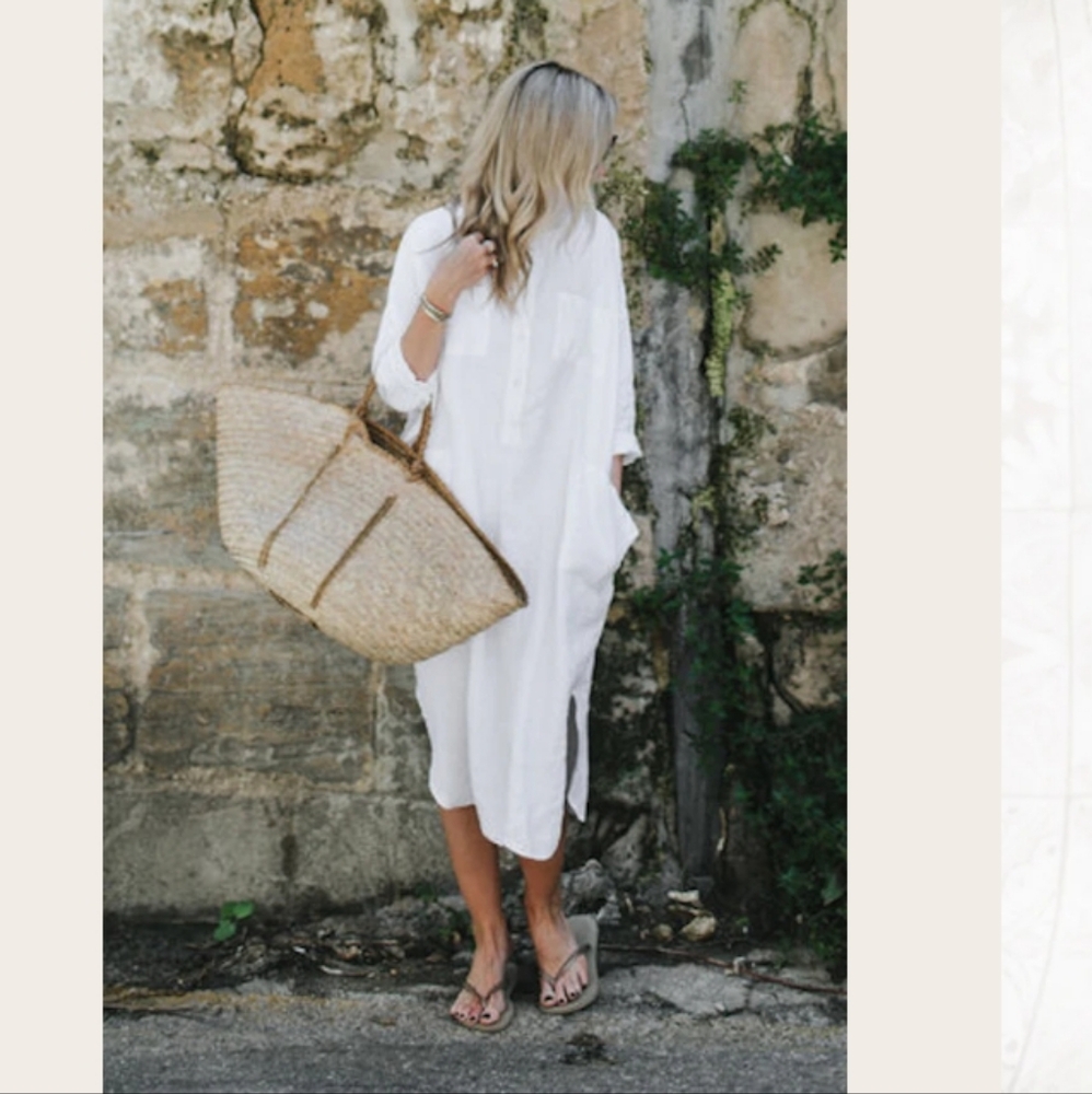 eesome White Linen Button-Front Midi Dress